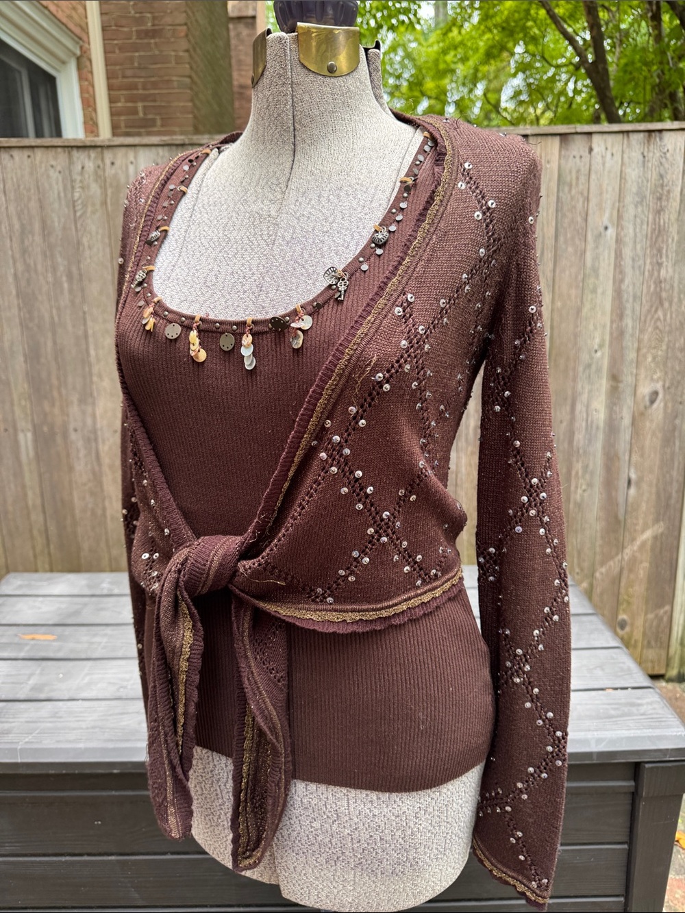Cache Brown Embellished Tie-Front Cardigan Set